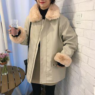 Furry Panel Faux Leather Zip Jacket