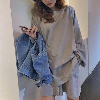 Set: Long-sleeve T-shirt + Drawstring Shorts Set - Gray - One Size
