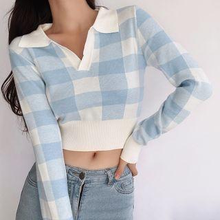Collared Plaid Knit Crop Top