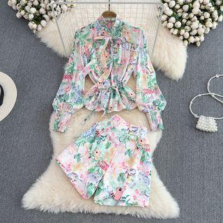 Set: Long Sleeve Ruffle Printed Shirt + Wide Leg Shorts