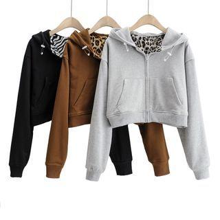 Long Sleeve Two-way Leopard Print Crop Zip-up Hoodie