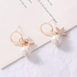 Faux Pearl & Star Dangle Earring S925 Silver Needle - 1 Pair - Gold - One Size