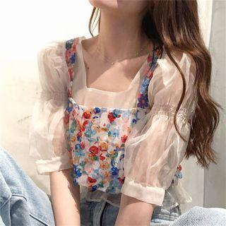 Set: Floral Camisole Top + Short-sleeve Top Set - As Shown In Figure - One Size