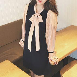 Tie Neck Color Panel Long Sleeve Dress