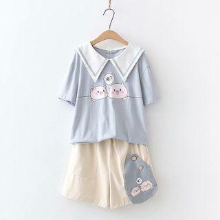 Short-sleeve Pig Print Collared T-shirt / Shorts