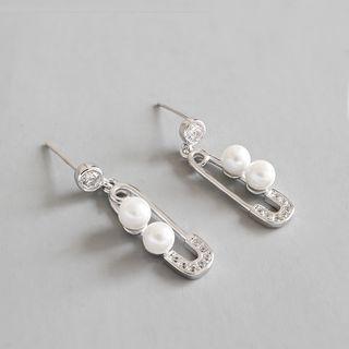 925 Sterling Silver Faux Pearl Safety Pin Dangle Earring 925 Silver - Platinum - One Size