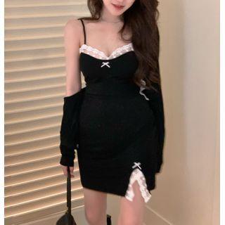 Lace Spaghetti-strap Mini Sheath Dress / Cropped Cardigan