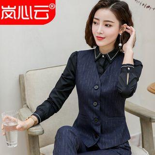 Pinstripe Button Vest/ Slim-fit Dress Pants/ Mini Pencil Skirt/ Bow Accent Shirt/ Set