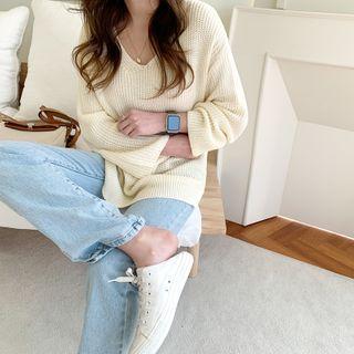 V-neck Rib-knit Sweater Cream - One Size