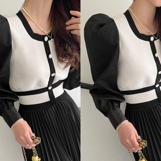 Balloon-sleeve Contrast-panel Cardigan Ivory - One Size