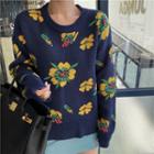Long-sleeve Floral Embroidered Knit Top As Shown In Figure - One Size