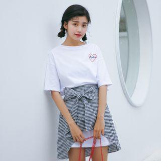 Set: Embroidered Elbow-sleeve T-shirt Dress + Check A-line Skirt