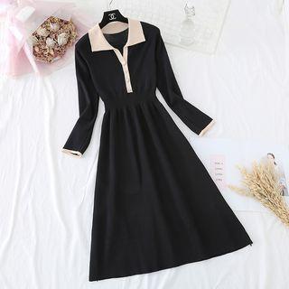 Polo-neck Contrast Trim Midi A-line Knit Dress