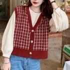 Plaid Waistcoat / Plain Crew-neck Blouse