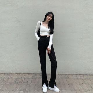 High-waist Slit Dress Pants / Long-sleeve Crop Top