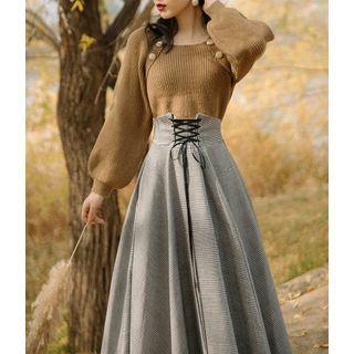 Puff-sleeve Sweater / Lace Up Plaid Midi A-line Skirt / Set