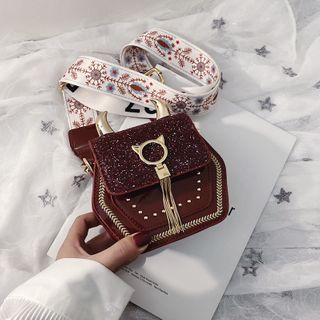 Sequin Panel Patent Hexagon Crossbody Bag