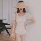 Puff-sleeve Lace-up Back Lace Swimsuit