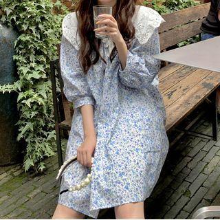 Puff-sleeve Floral Print A-line Dress Floral Print - Blue - One Size