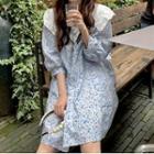 Puff-sleeve Floral Print A-line Dress Floral Print - Blue - One Size