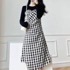 Mock Two-piece Long-sleeve Gingham Check Midi A-line Dress