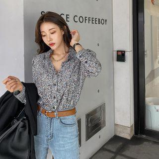 Wide-cuff Flower Pattern Shirt Black - One Size
