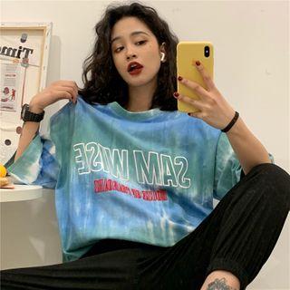 Elbow-sleeve Tie-dye Lettering T-shirt