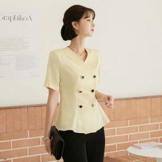 Collarless Double-breasted Peplum Blouse