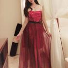 Set: Sleeveless Sequined Mini Dress + Sheer A-line Maxi Skirt
