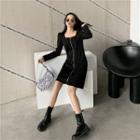 Long-sleeve Square Neck Plain Zipped Detail Dress Black - One Size