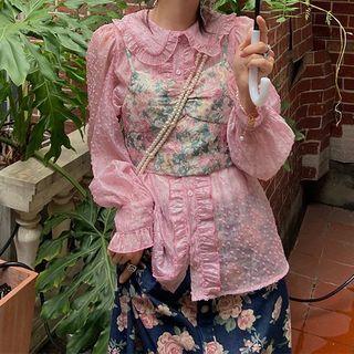 Sheer Blouse / Spaghetti Strap Rose Print Denim Dress