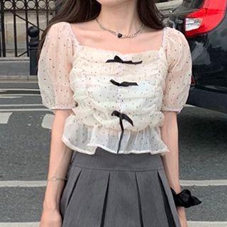 Puff-sleeve Polka Dot Bow-accent Ruched Crop Top Off-white - One Size