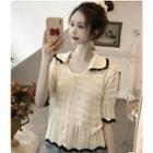 Color Block Flower Trim Knit Short-sleeve Top