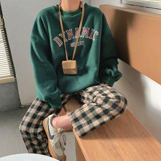 Lettering Sweatshirt / Plaid Straight-leg Pants