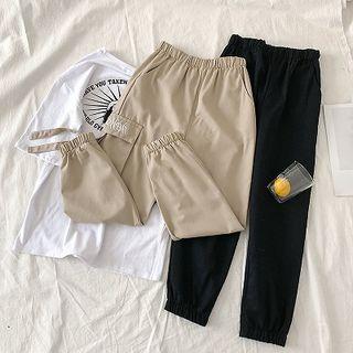 Plain Elasticized-waist Cropped Harem Pants