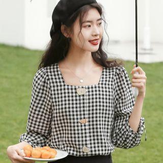 Gingham 3/4-sleeve Blouse Gingham - Black & White - One Size
