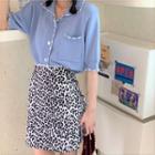 Elbow-sleeve Cardigan / Leopard Print Mini A-line Skirt
