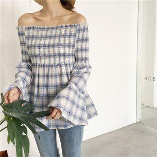 Off-shoulder Check Bell-sleeve Blouse