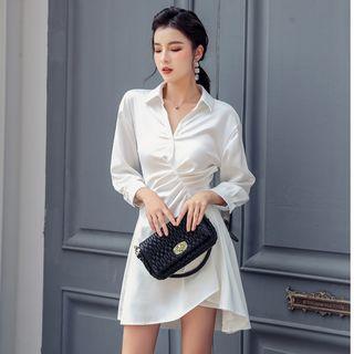3/4-sleeve Asymmetric Crinkled A-line Mini Dress