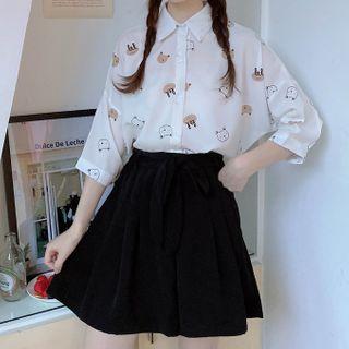 3/4-sleeve Bear Print Shirt