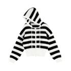Striped Hooded Zip-up Cardigan Stripes - Black & White - One Size
