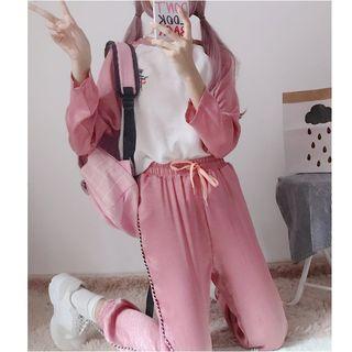 Set: Embroidered Long-sleeve T-shirt + Cropped Sweatpants Pink - One Size
