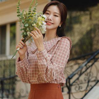 Frilled-collar Gingham Blouse