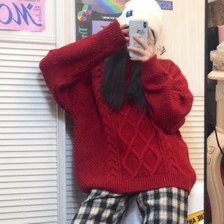 Long-sleeve Plain Cable Knit Sweater / Plaid Wide-leg Pants