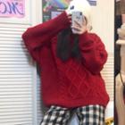 Long-sleeve Plain Cable Knit Sweater / Plaid Wide-leg Pants