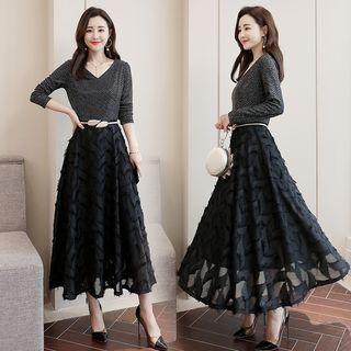 Long-sleeve Paneled Feathered A-line Maxi Dress