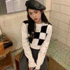 Checkered Cropped Sweater Check - Black & White - One Size