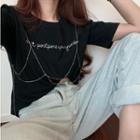 Chain-accent Lettering Short-sleeve T-shirt / Ruched Slim-fit Skirt