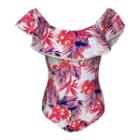 Floral Print Off Shoulder Short Sleeve Swimsuit