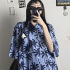 Short-sleeve Palm Tree Print Shirt Blue - One Size